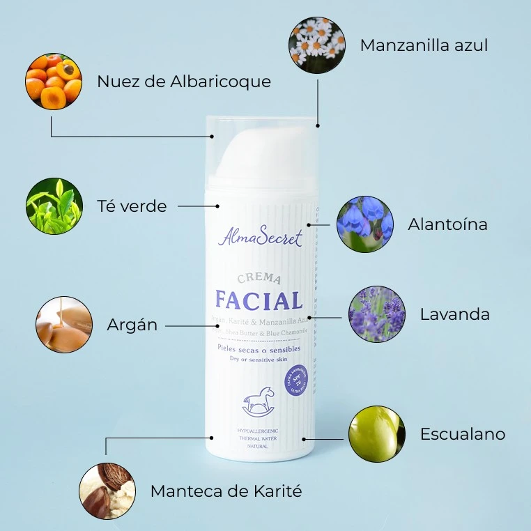 Crema facial con Manzanilla Azul SPF 20 Alma Secret para pieles secas y sensibles en bebés, niños y adultos.