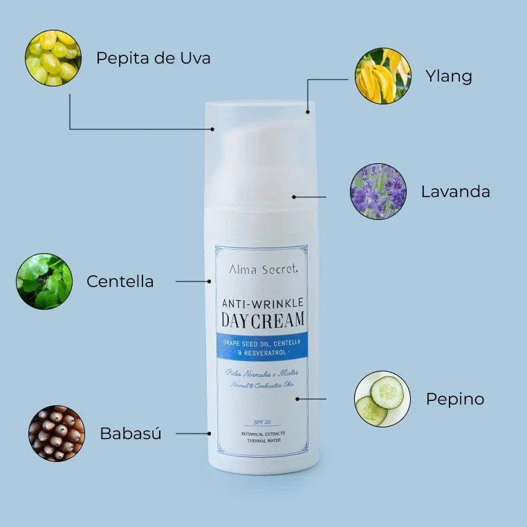 Hidratante antiarrugas con pepita de uva, centella y resveratrol, SPF 20 Alma Secret