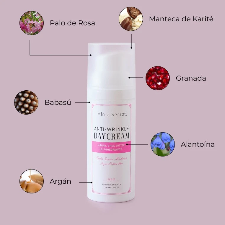 Crema de día hidratante con argán, karité y granada, SPF 20 Alma Secret