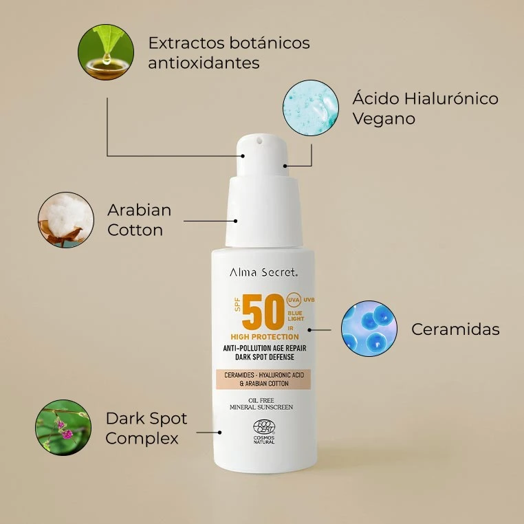 Protector solar facial SPF 50 con color SAND Alma Secret