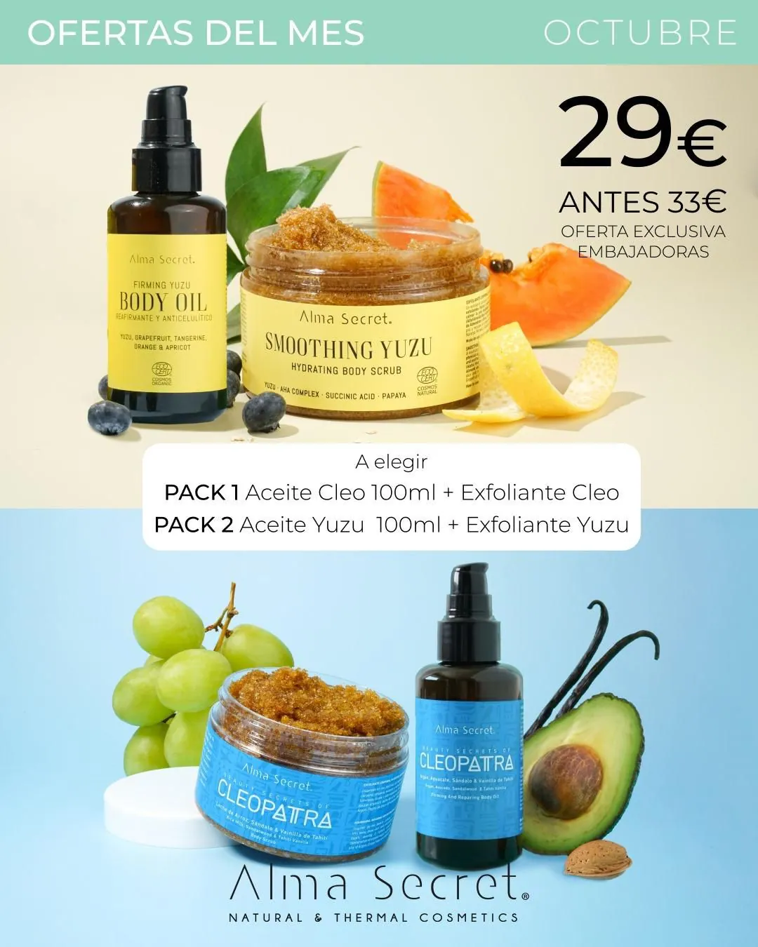 Pack Aceite Cleopatra + Exfoliante Cleopatra y Aceite Yuzu + Exfoliante Yuzu