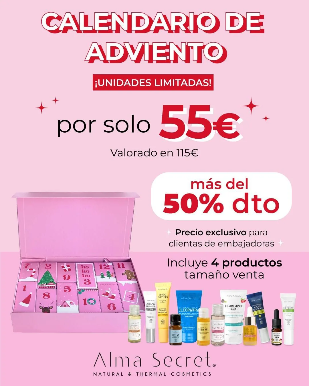 Mini calendario de adviento (rosa) Alma Secret con 12 productos